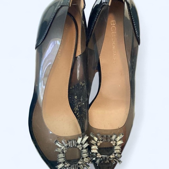 BCBGeneration Black and Sheer Heels with Crystal Gemstones Embellished Toe 9.5 - Picture 1 of 7